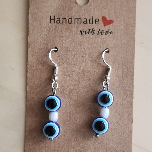 Blue Evil Eye Drop Earrings, & Beaded Bracelet, Swirl Pattern, Bead, Glass, BOHO - Picture 3 of 5